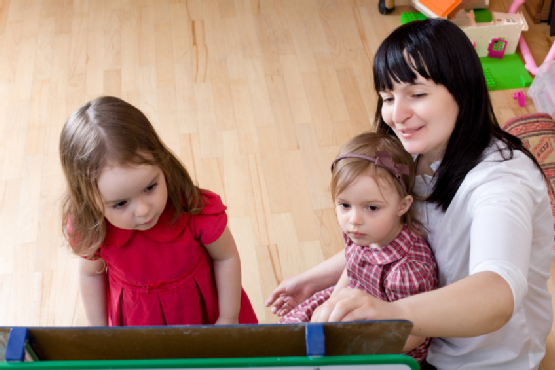 Prepare to school series. Mother teaching her daughters