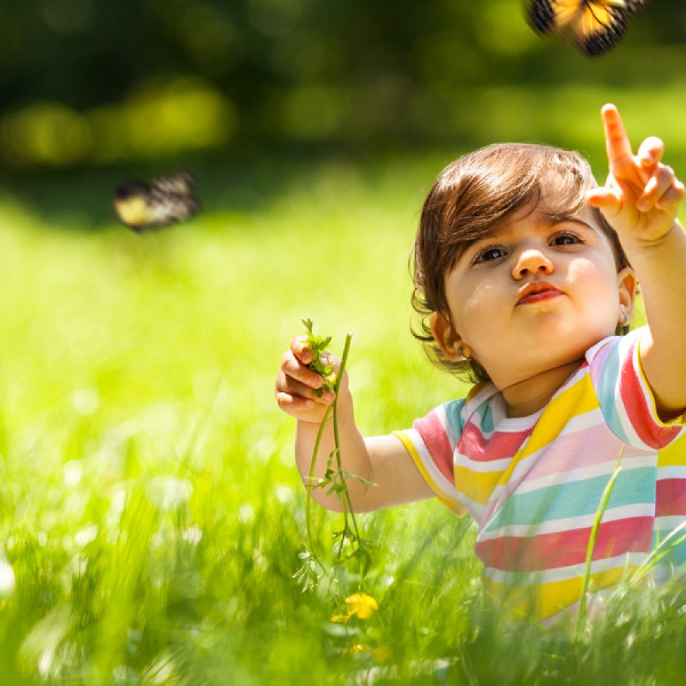 Child in field with butterfly